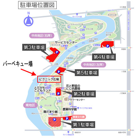戸田川緑地の駐車場とバーベキュー場マップ