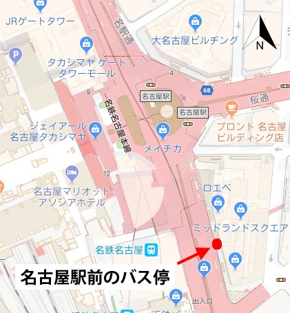 あおい交通の名古屋駅から県営名古屋空港へのバス乗り場