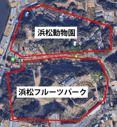 浜松フラワーパークと浜松市動物園のマップ