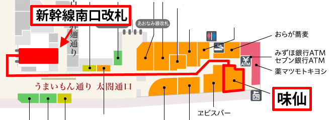 うまいもん通り太閤通口(新幹線口)の地図