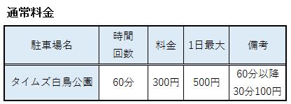 タイムズ白鳥公園の通常料金表