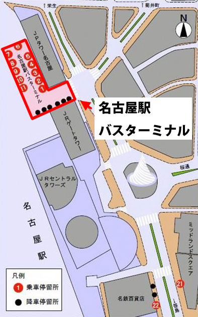 名古屋駅での名古屋駅バスターミナルの場所
