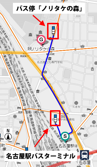 名古屋駅バスターミナルからバス停「ノリタケの森」へのルート
