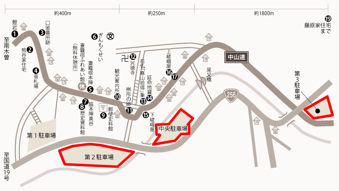 妻籠宿と駐車場の地図